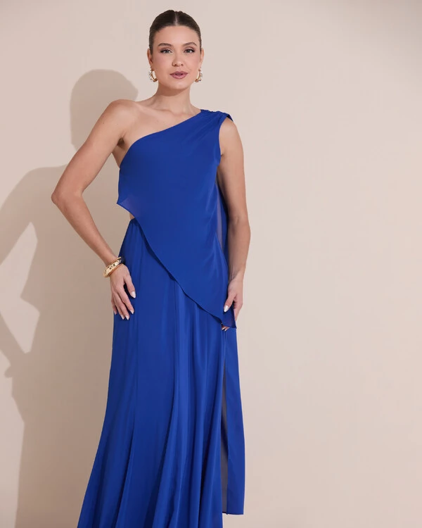 Vestido de Festa Longo Um Ombro Só Crepe Chiffon Lenço Azul Royal