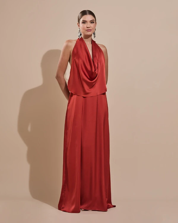 Vestido de Festa Longo Cetim Fluido Frente Única Degagê Mil Formas Terracota