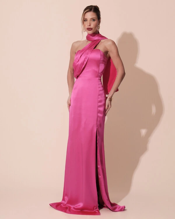 Vestido de Festa Longo Cetim Alfaiataria Tomara que Caia com Faixa Lenço Pink