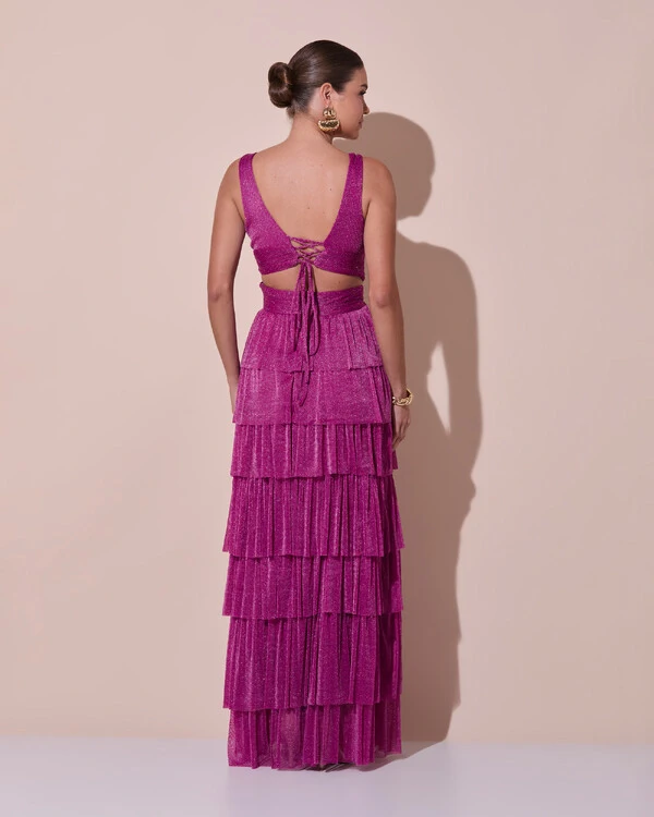 Vestido De Festa Longo Decote V Tule Brilho Recortes Camadas Fúcsia