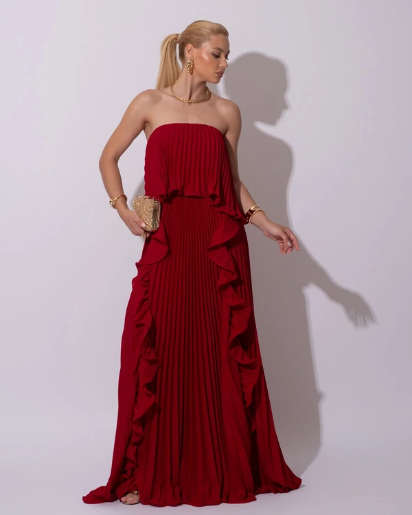 Vestido de Festa Longo Crepe Chiffon Tomara que Caia Plissado com Babado Cascata Marsala
