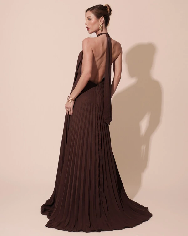 Vestidos de Festa Longo Chiffon Fluido Frente Única Plissado Duplo Marrom