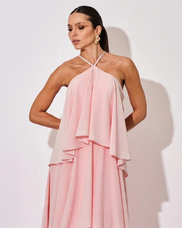 Vestido Longo Crepe Chiffon Babado em Camadas Rosa