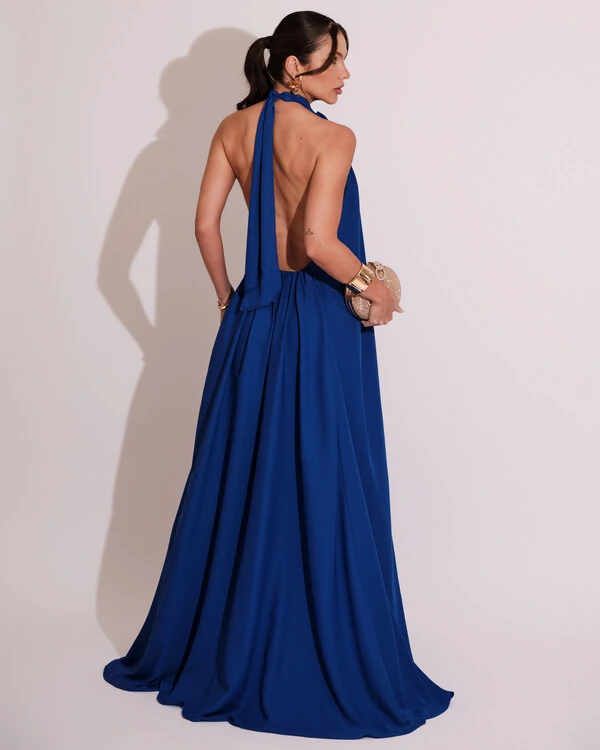 Vestido Longo Crepe Chiffon Frente Única Fluido Flor Removível Azul Royal