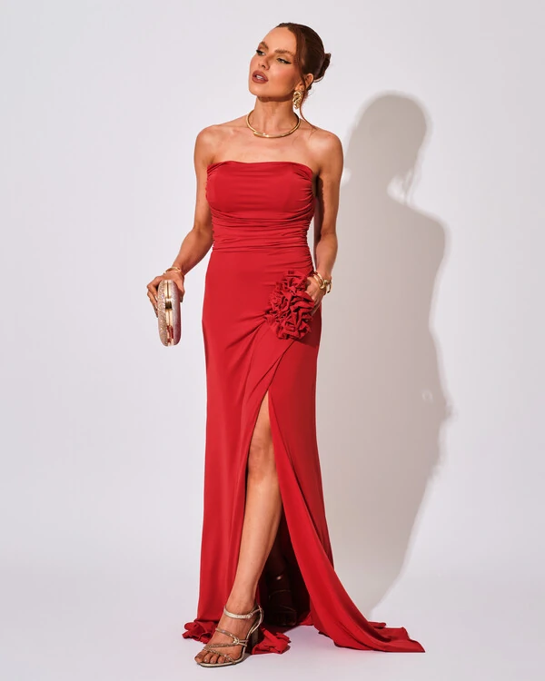 Vestido Longo Tomara que Caia Malha Fenda Vermelho Escuro