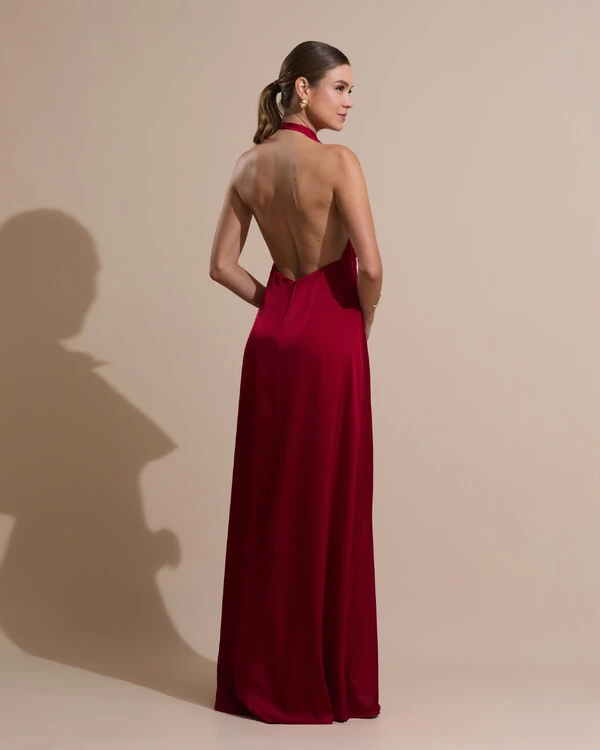 Vestido de Festa Longo Frente Única Degagê Cetim Fluido Marsala