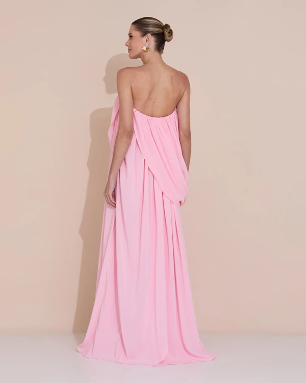 Vestido de Festa Longo Tomara Que Caia Crepe Chiffon Drapeado Rosa Claro