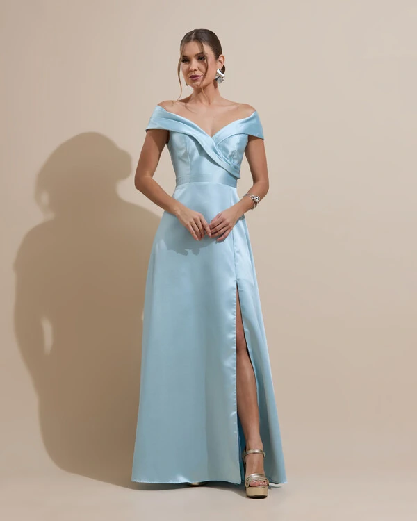 Vestido de Festa Longo Zibeline Ombro a Ombro com Fenda Tiffany