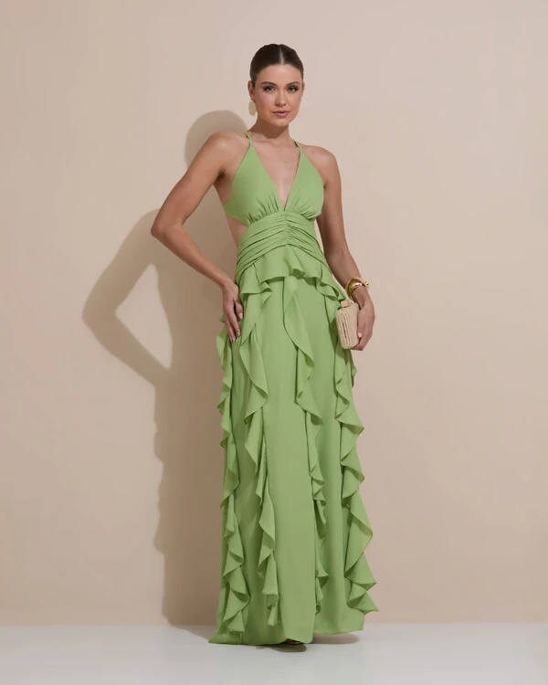 Vestido de Festa Longo Decote V Recortes Drapeado Crepe Chiffon Babados Cascata Verde Garden