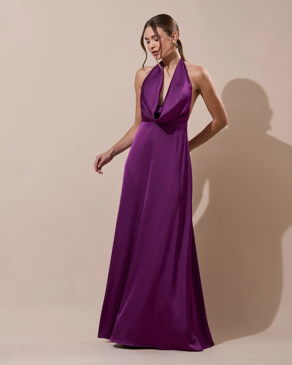 Vestido de Festa Longo Frente Única Degagê Cetim Fluido Roxo
