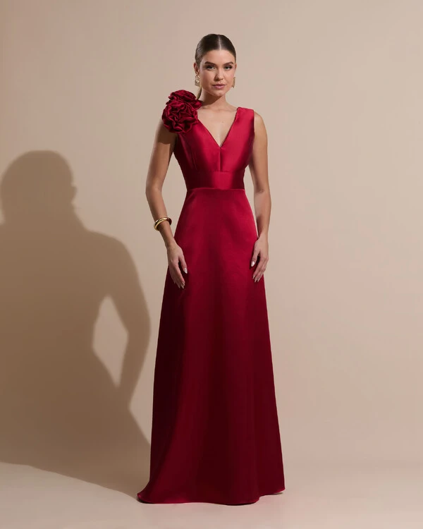 Vestido de Festa longo Zibeline Decote em V com Flores Removivel Marsala Escuro