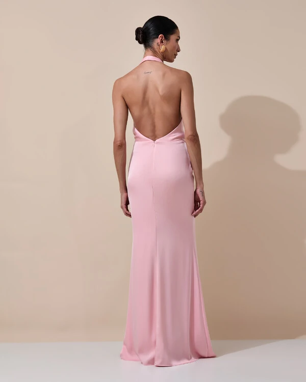 Vestido de Festa Longo Frente Única Decote V Cetim Drapeado Faixa Rose Gold