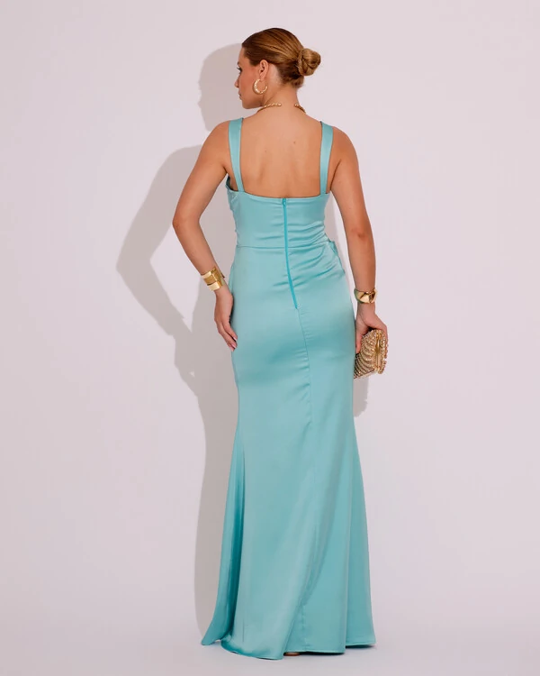 Vestido Longo de Festa Cetim Alfaiataria Drapeado Sereia Tiffany