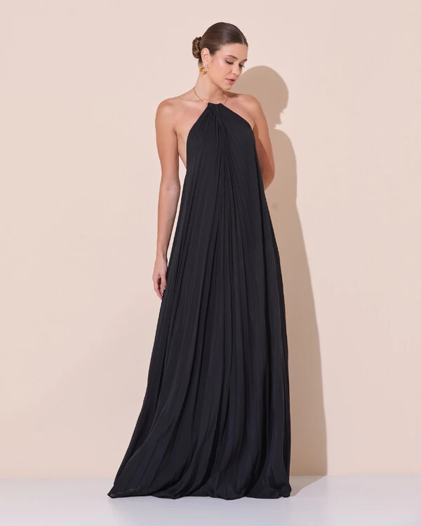 Vestido de Festa Longo Frente Única Plissado Crepe Chiffon Argola Preto