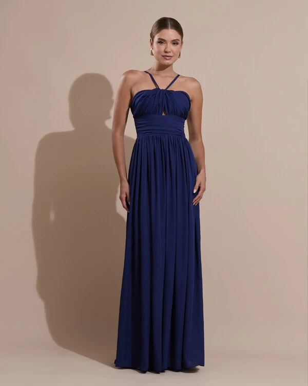 Vestido de Festa Longo Crepe Chiffon Drapeado com Alças Finas Azul Marinho