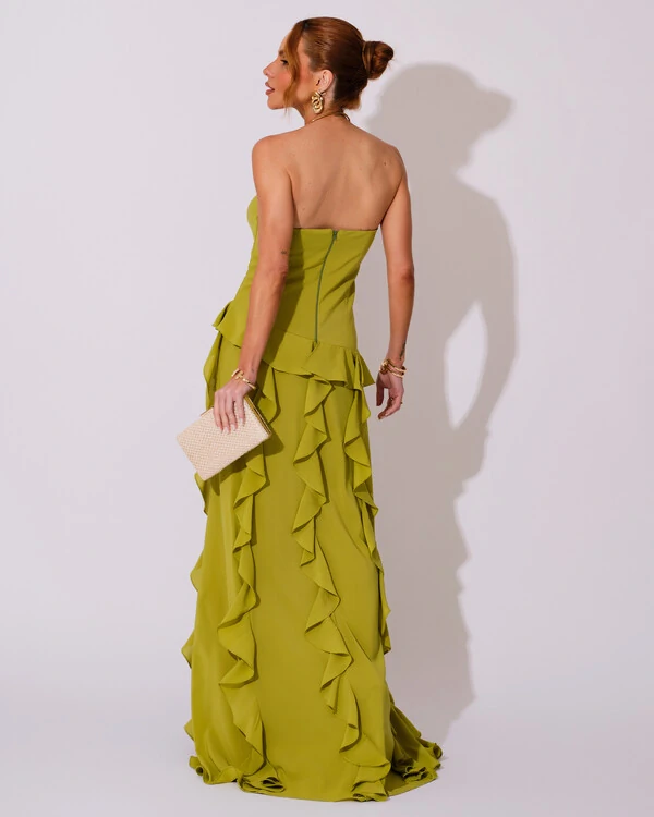 Vestido de festa Longo Tomara que Caia Crepe Chiffon com Bababos Cascata e Fenda Verde Pistache