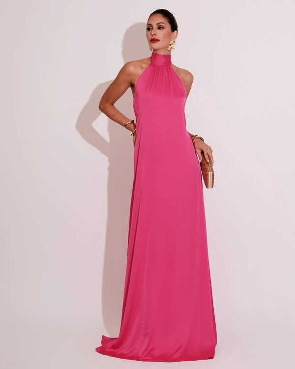 Vestido de Festa Gola Alta com Decote nas Costas Acetinado Pink