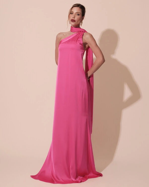 Vestido de Festa Longo Cetim Fluido Um Ombro Só Pink New