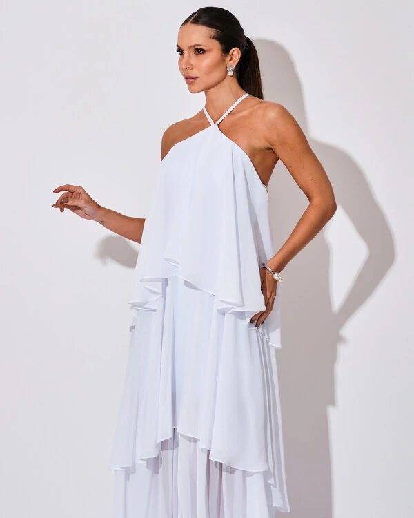 Vestido Longo Crepe Chiffon Babado em Camadas Branco