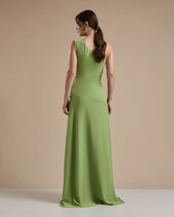 Vestido de Festa Longo Crepe Chiffon Um Ombro Só Drapeado com Babado Cascata Verde Garden