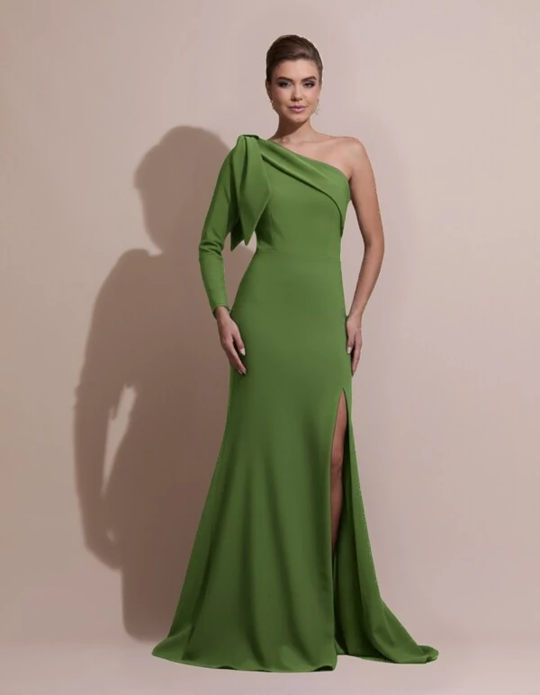 Vestido de Festa com Laço de Um Ombro em Alfaiataria Fenda Verde Matcha