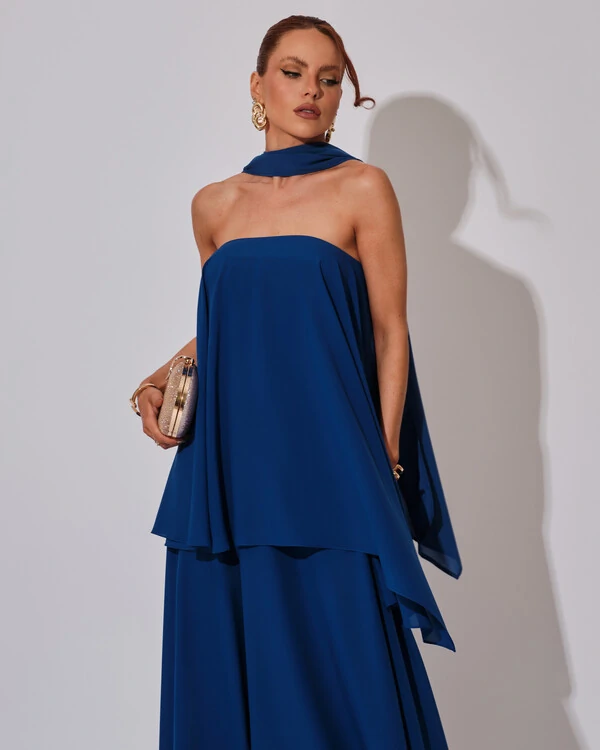 Vestido de Festa Longo Chiffon Crepe em Camadas com Lenço Azul Royal