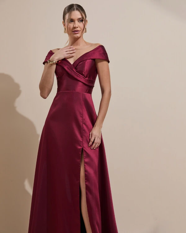 Vestido de Festa Longo Zibeline Ombro a Ombro com Fenda Marsala Escuro