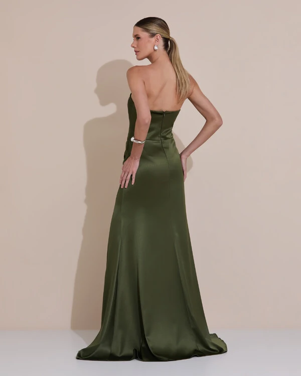 Vestido de Festa Longo Cetim Alfaiataria Tomara que Caia Fenda Verde Oliva