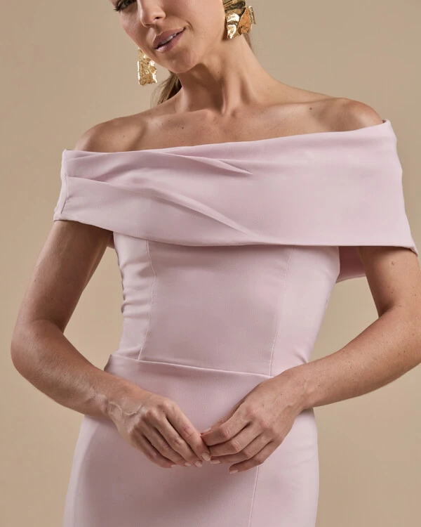 Vestido de Festa Longo Alfaiataria Ombro a Ombro com Babado Cascata Rosa Claro