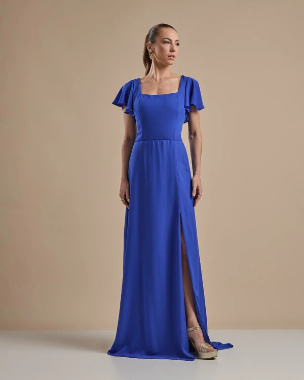 Vestido de Festa Longo Crepe Chiffon Manga Babado e Fenda Azul Royal