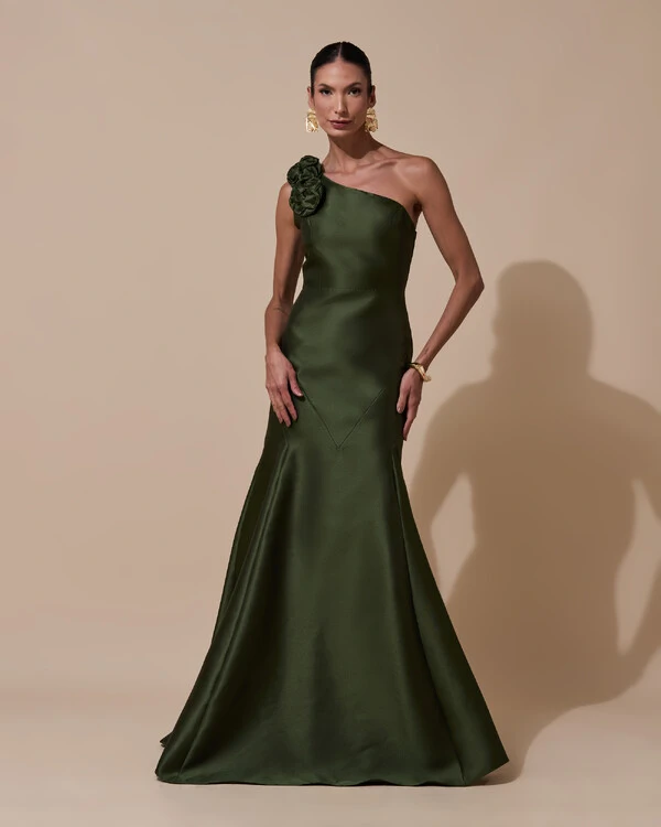 Vestido de Festa Longo Zibeline um Ombro Só Flor Removível Saia Sereia Verde Oliva New