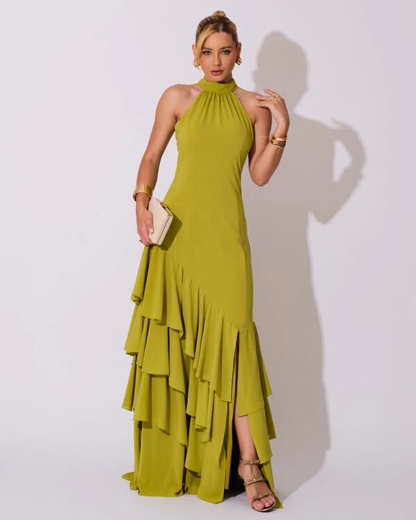 Vestido de Festa Longo Chiffon Crepe Gola Alta Babados Verde Pistache