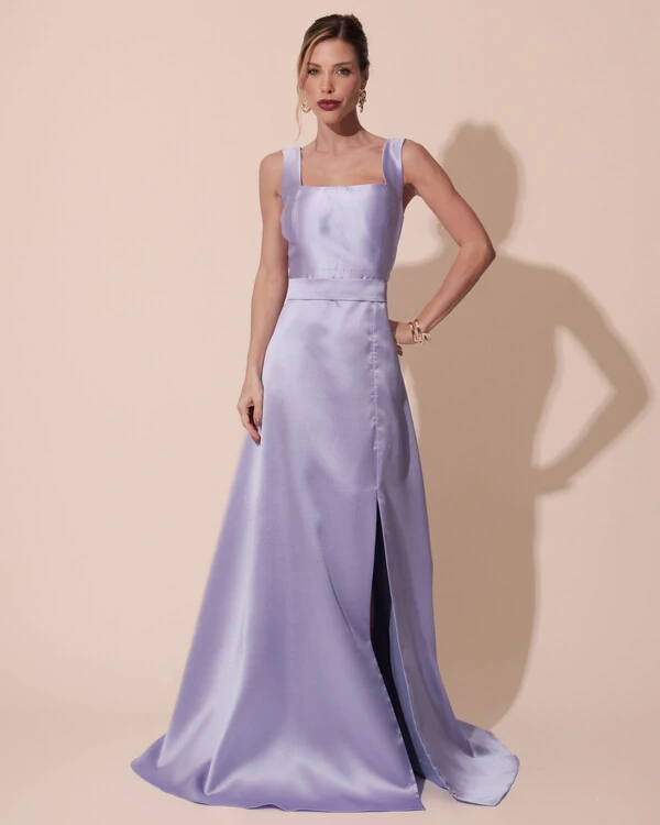 Vestido de Festa Longo Zibeline com Fenda e Faixa Lilás