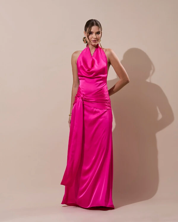 Vestido de Festa Longo Cetim Frente Única Degagê com Faixa Drapeada Pink