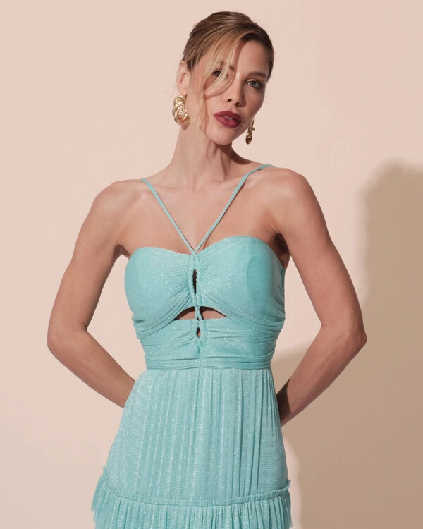 Vestido de Festa Longo Tule com Saia Babado Tiffany