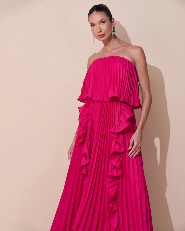 Vestido de Festa Longo Crepe Chiffon Tomara que Caia Plissado com Babado Cascata Pink Escuro