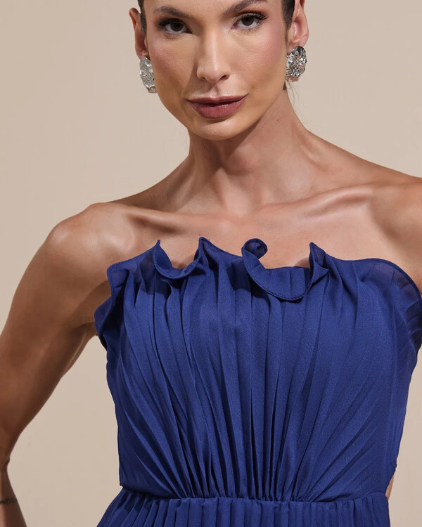 Vestido de Festa Longo Tomara que Caia Plissado Detalhe Azul Marinho