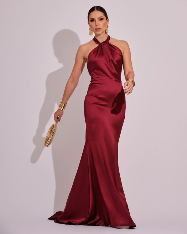 Vestido de Festa Longo em Cetim Alfaiataria com Elastano Frente Única Marsala