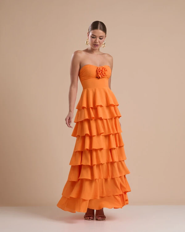 Vestido Longo Crepe Chiffon Tomara que Caia Plissado em Camadas Laranja
