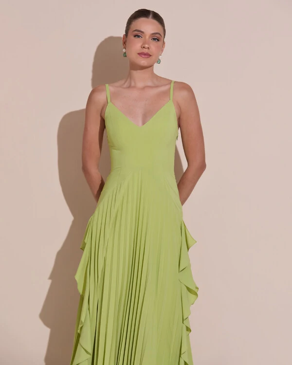 Vestido de Festa Longo Crepe Chiffon Alça Fina Saia Plissada com Babado Cascata Verde Claro