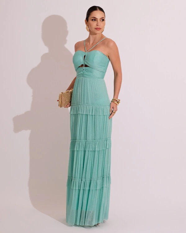 Vestido de Festa Longo Tule com Saia Babado Tiffany