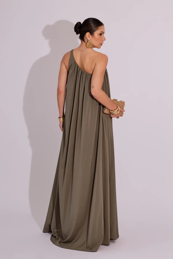 Vestido de Festa Longo Crepe Fluido um Ombro Só com Lenço Verde Oliva