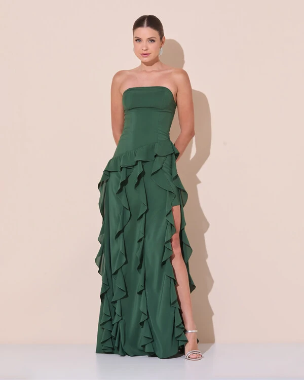 Vestido de festa Longo Tomara que Caia Crepe Chiffon com Babados Cascata e Fenda Verde Escuro New