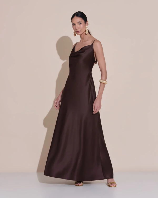 Vestido de Festa Midi Fivela Costas Cetim Marrom