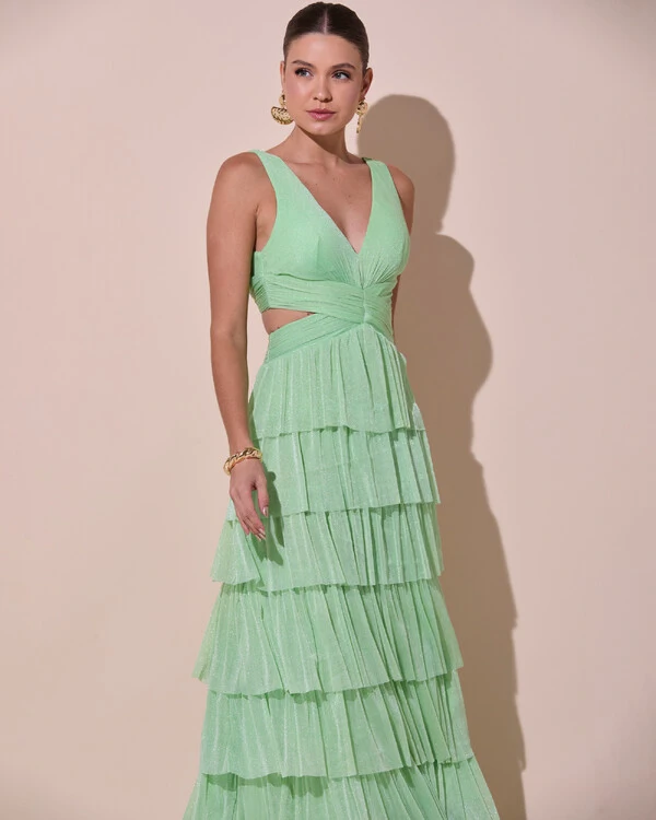 Vestido De Festa Longo Decote V Tule Brilho Recortes Camadas Verde Lima