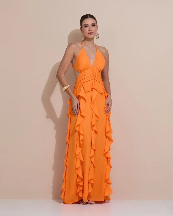 Vestido de Festa Longo Decote V Recortes Drapeado Crepe Chiffon Babados Cascata Laranja
