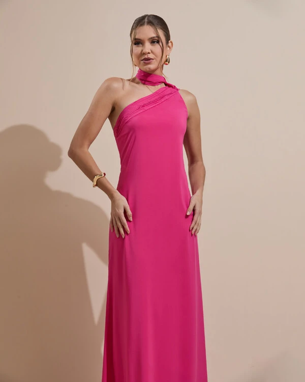 Vestido de Festa Longo Crepe Chiffon Um Ombro Só Drapeado Pink