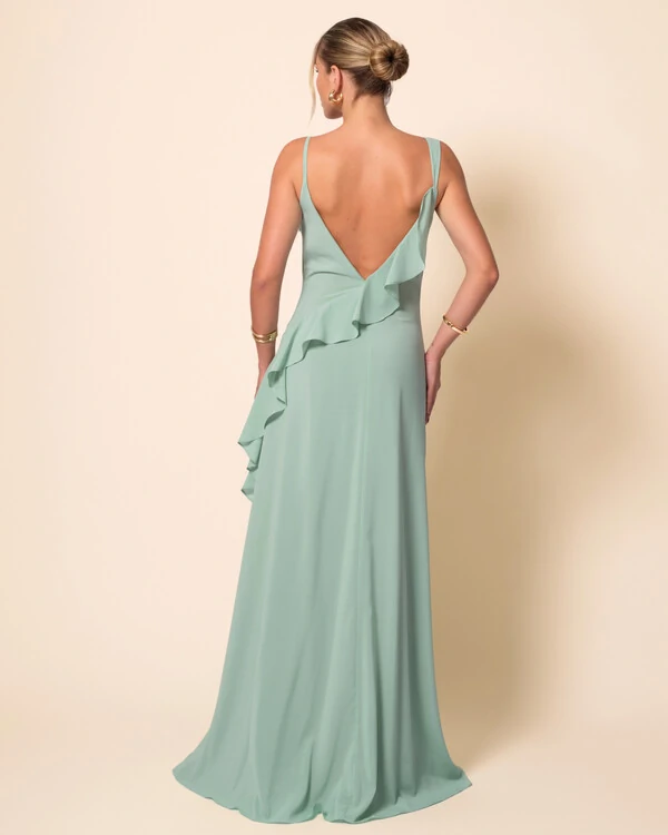 Vestido de Festa Longo Crepe Chiffon Degagê com Fenda e Babado Cascata Verde Menta
