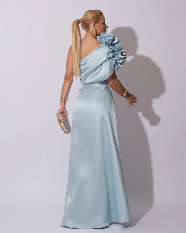 Vestido de Festa Longo Zibeline um Ombro Só Flor Drapeado Tiffany