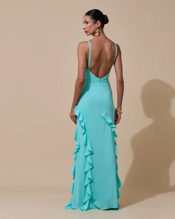 Vestido de Festa Longo Alças Finas Crepe Chiffon Babado Cascata Fenda Costas V Tiffany